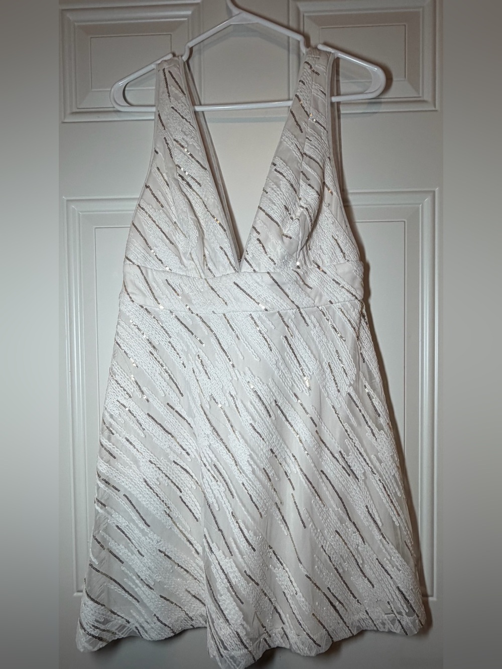 BCBGeneration White V-Neck Mini Dress with Metallic Stripe Accents